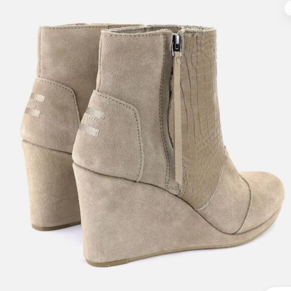 Toms Desert Taupe Beige Suede Croco Embossed Wedge Ankle Boots Women's 7 Zip Up - Picture 3 of 6